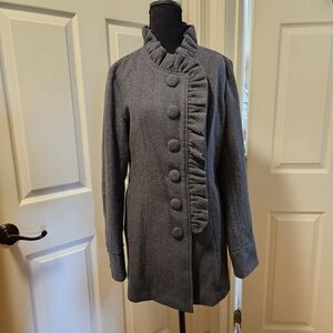Tulle Ruffle Front Wool Blend Coat Gray Tweed Herringbone Winter Jacket Lined L